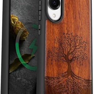 Carveit Magnetic Wooden Case for Samsung Galaxy S25 Edge Case 2025, TPU Shockproof Cover & Wood Artisan Engraved, Compatible with MagSafe Wireless Chargers (The Yin Yang Tree) Rosy