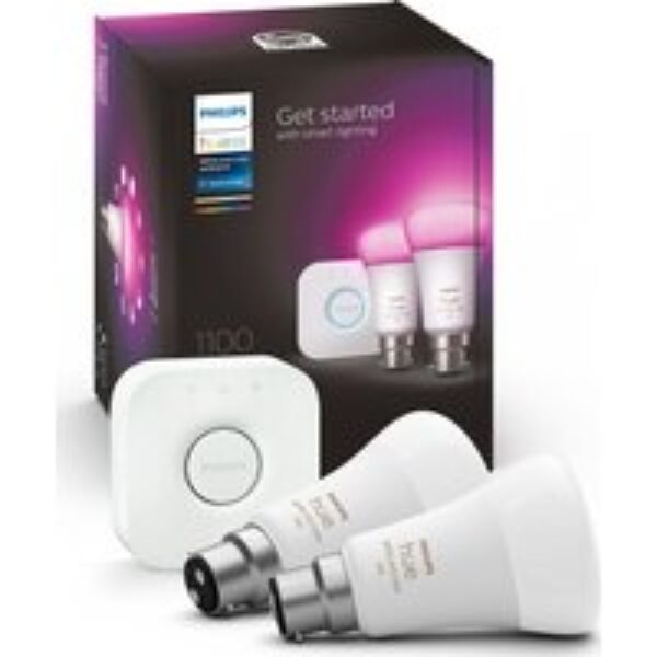 PHILIPS HUE White & Colour Ambiance Starter Kit with Twin Pack LED Smart Bulb & Bridge - B22